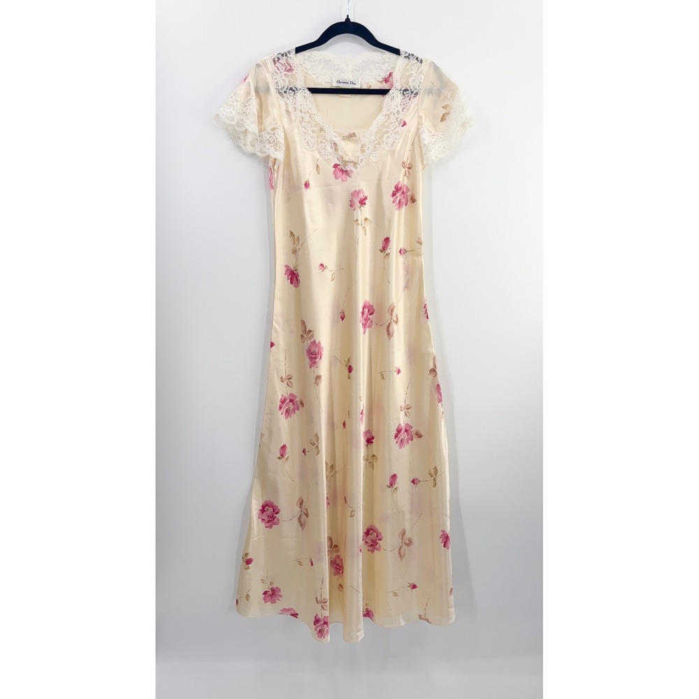 B68 Vintage Christian Dior Nightgown M Ivory Pink Floral Lace Trim Satin Maxi